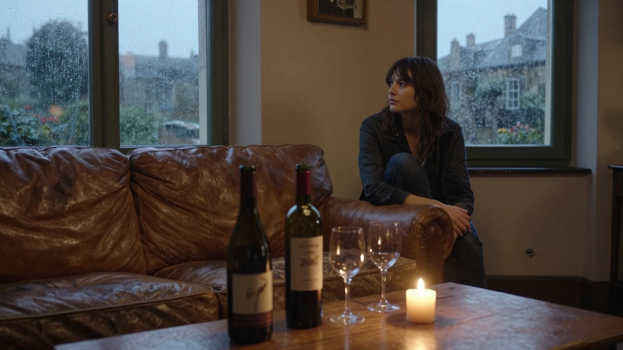 A cozy villa interior at dusk with wine glasses, a candle, and a woman gazing out a rainy window.