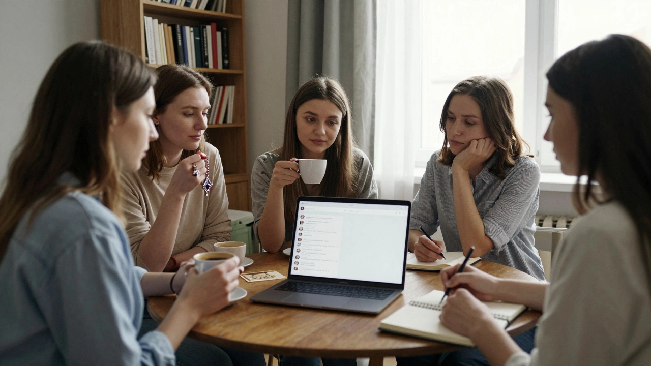 A group of women gather in a book-filled room, sharing advice and support, quietly building community.